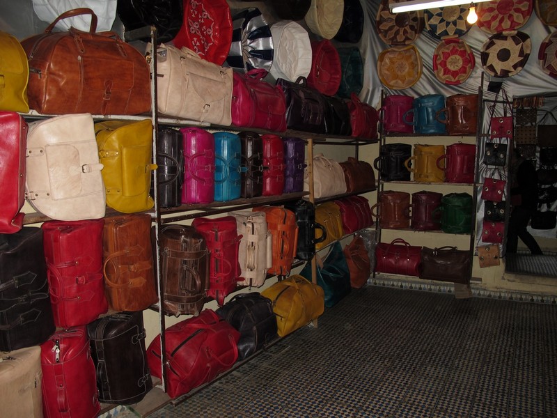 Morocco, Fes. Bags in leather tannings shop