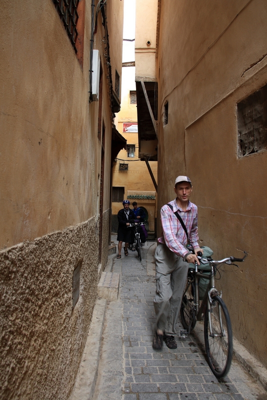 Morocco, Fes. Bicycle on the narrow street of medina