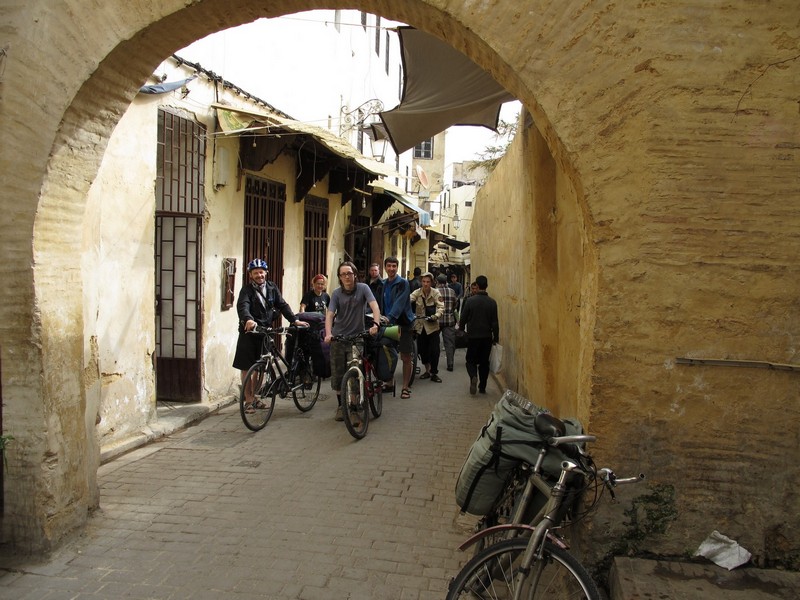 Morocco, Fes. Bicycle group on medina streets.