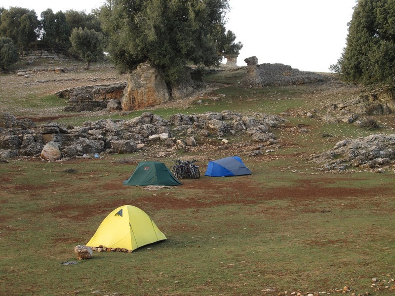Morocco. Morning camping with tents and bicycles