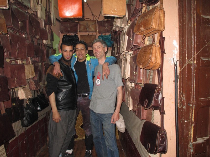 Morocco, Marrakesh. Leather shop on medina