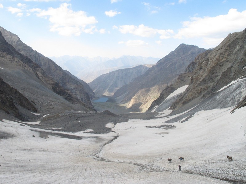 Tajikistan, Rost pass. Big glacier and lake view