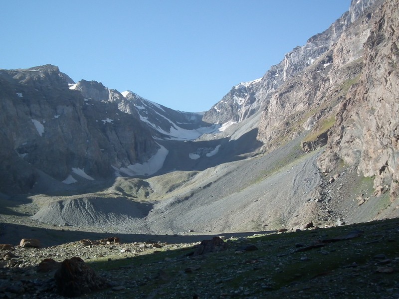 Tajikistan, Rost pass. Sunny morning view from bottom