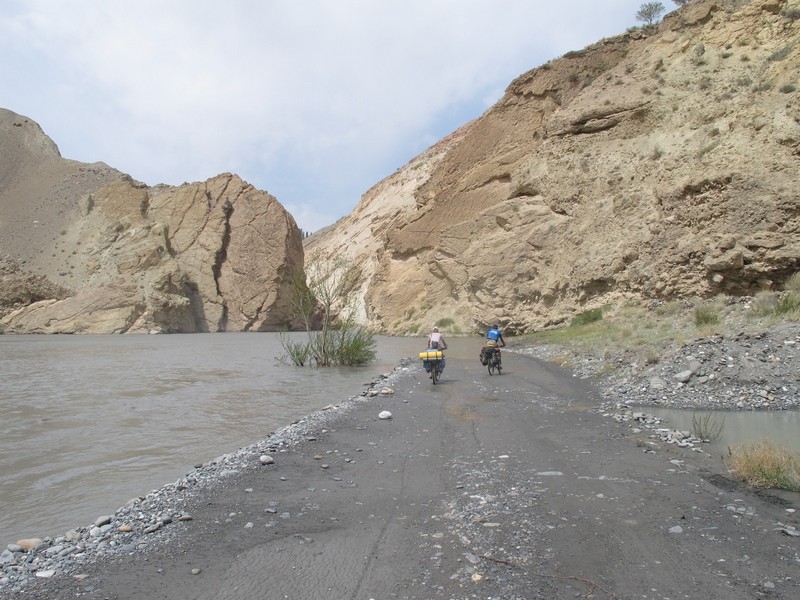 Tajikistan, Zeravshan river. Road dead end at river