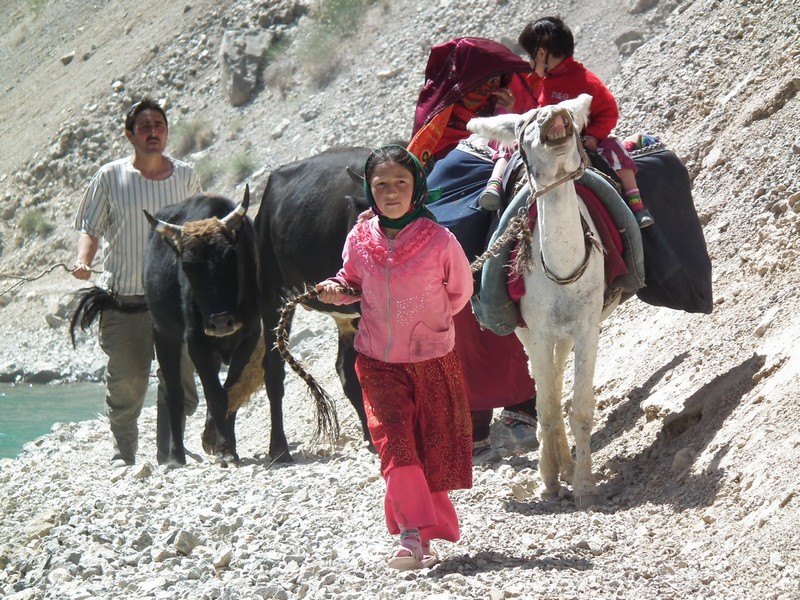 Marguzor lakes. Tajik family with donkey and cows