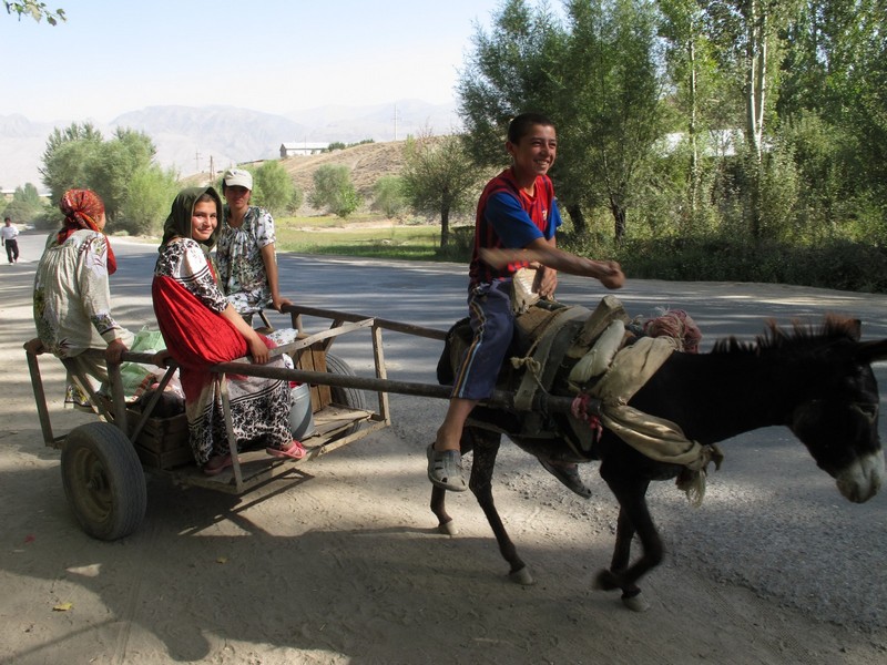 Panjakent. Boy on donkey with girls on cart